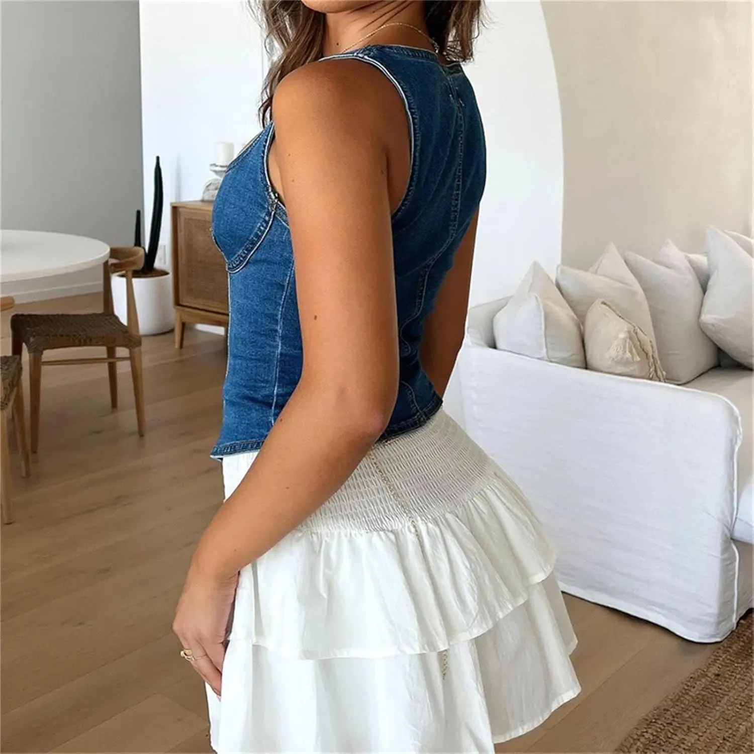 Women Summer Denim Tank Tops Casual Solid Color Square Neck Buttons Sleeveless Camisole Vests