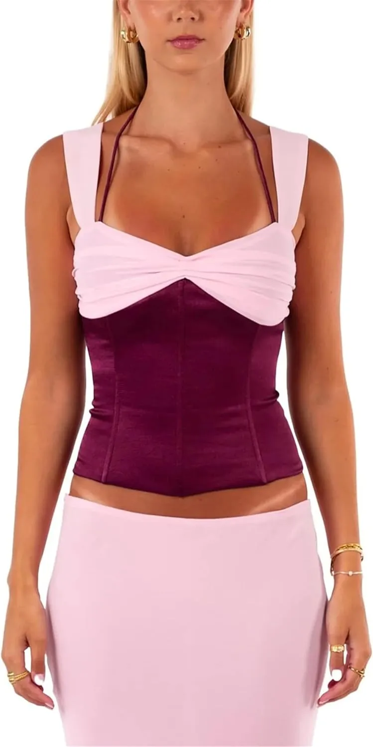 Women Y2k Plaid Wide Strap Tank Top Cute Lace Trim Square Neck Crop Vest Tops Vintage Summer Going Out Streetwear