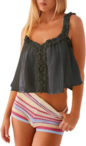 Women Y2k Ruffle Hem Crop Tank Tops Sleeveless Spaghetti Strap Flowy Camisoles Sexy V Neck Babydoll Tops