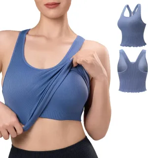 Women's 1/2 Pack Ribbed Workout Tank Tops with Built in Bra Racerback Seamless Crop Camisole Sport Tanks