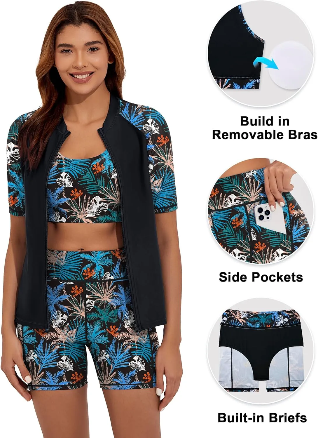Women's 3 Piece Rash Guard Short Sleeve UPF 50  Rash Guard Swimsuits Zip Front Swim Shirt and Short Pocket