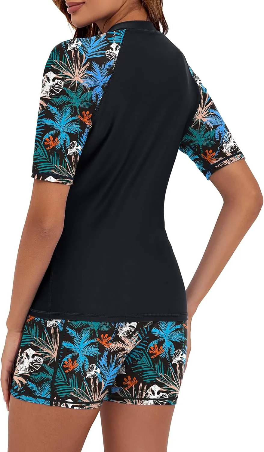Women's 3 Piece Rash Guard Short Sleeve UPF 50  Rash Guard Swimsuits Zip Front Swim Shirt and Short Pocket