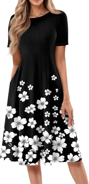 Women's Bohemian Short Sleeve Casual A Line Swing Flowy Midi Dress with Vintage Floral Print for Summer and Spring