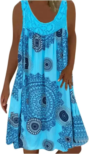 Womens Boho Floral Print Loose Tank Dress Casual Sleeveless Crochet Crewneck Knee Length Plus Size Sun Beach Dress