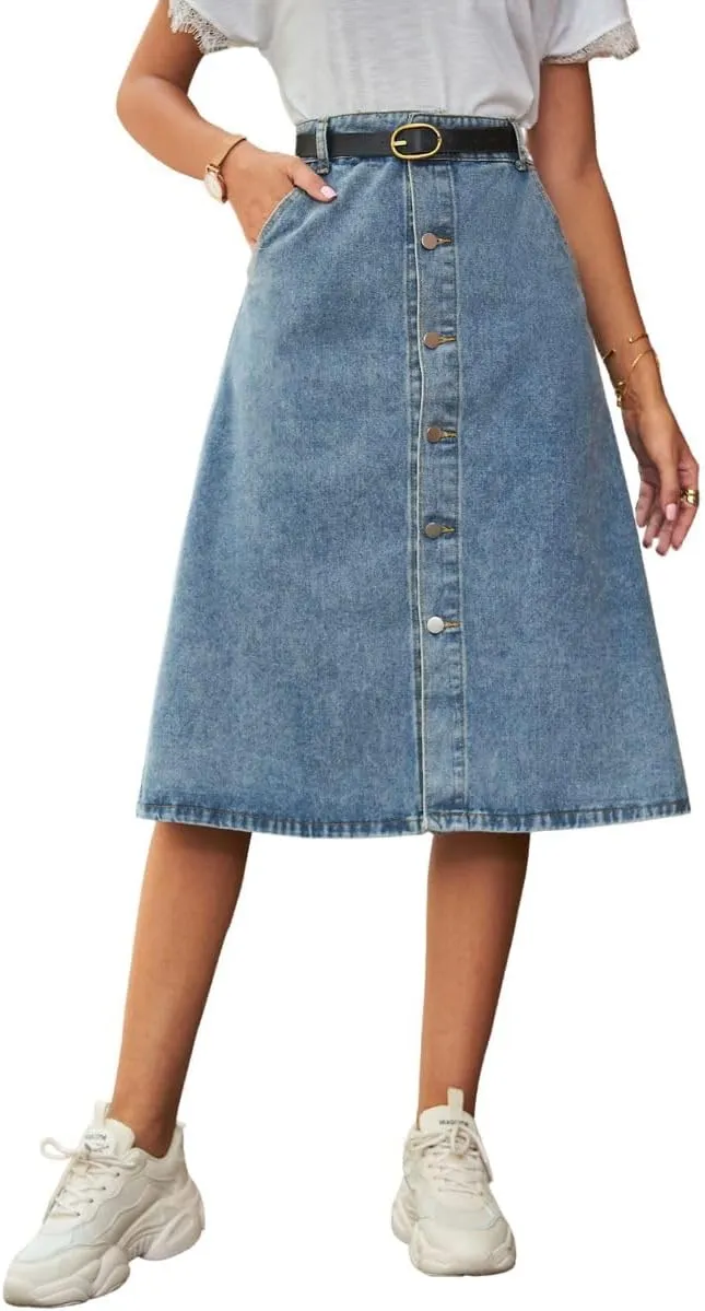 Women's Button Up Denim Midi Skirt High Waisted A Line Knee Length Jean Skirt with Pockets