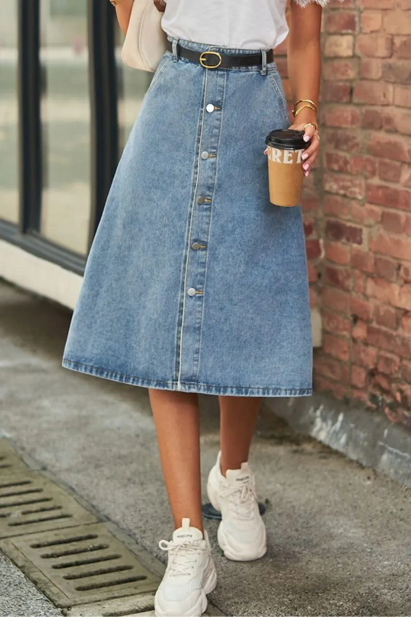 Women's Button Up Denim Midi Skirt High Waisted A Line Knee Length Jean Skirt with Pockets