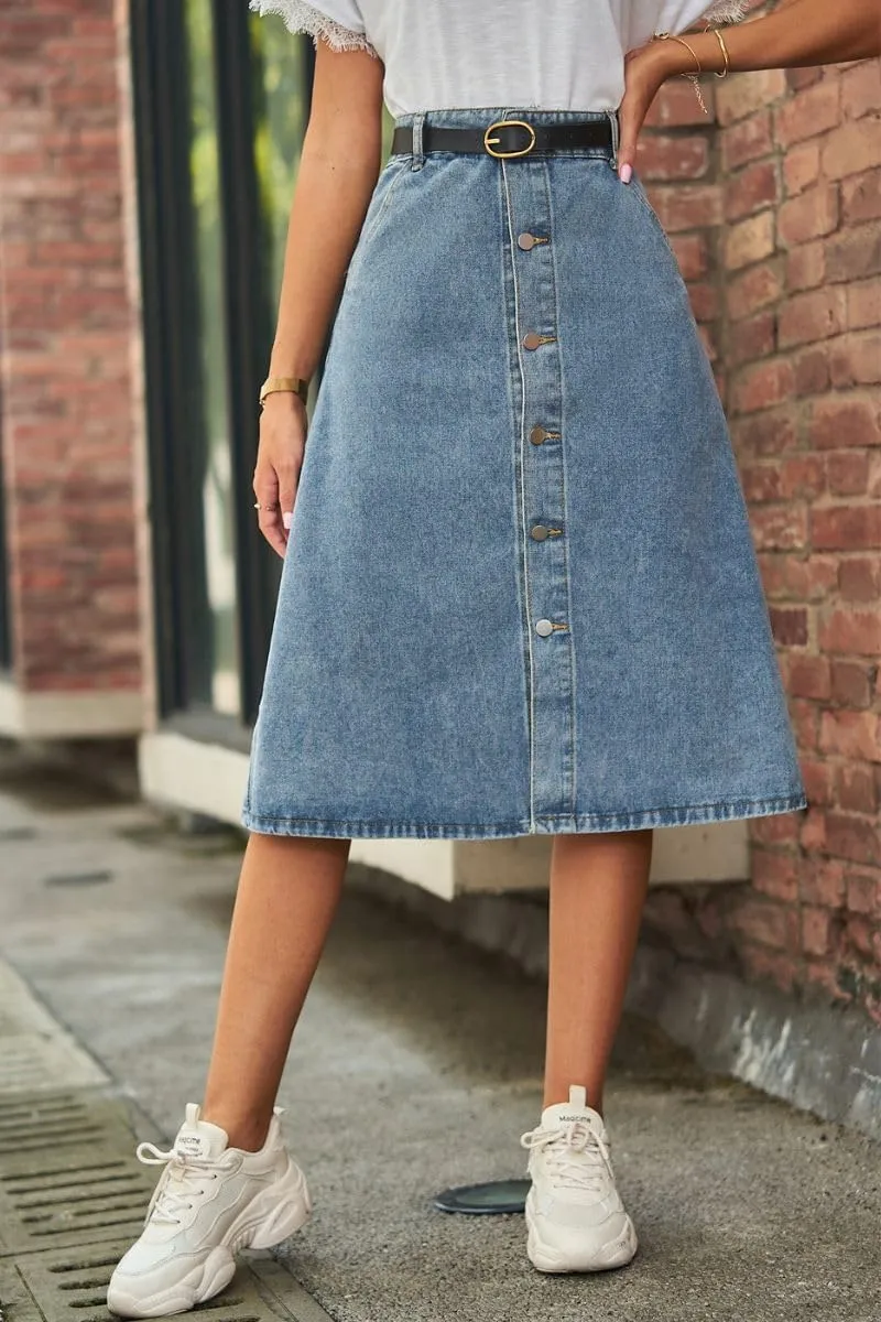 Women's Button Up Denim Midi Skirt High Waisted A Line Knee Length Jean Skirt with Pockets