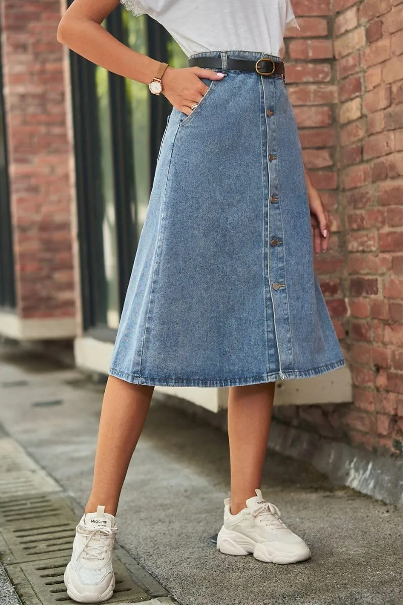 Women's Button Up Denim Midi Skirt High Waisted A Line Knee Length Jean Skirt with Pockets