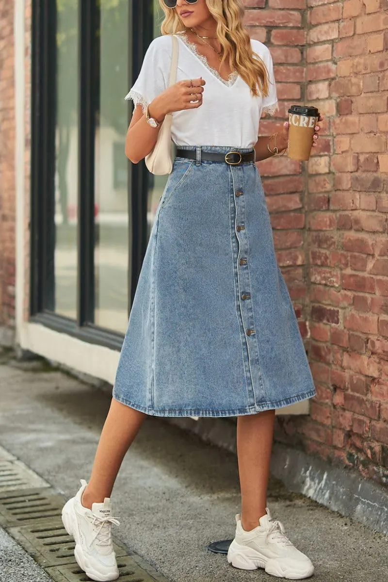 Women's Button Up Denim Midi Skirt High Waisted A Line Knee Length Jean Skirt with Pockets