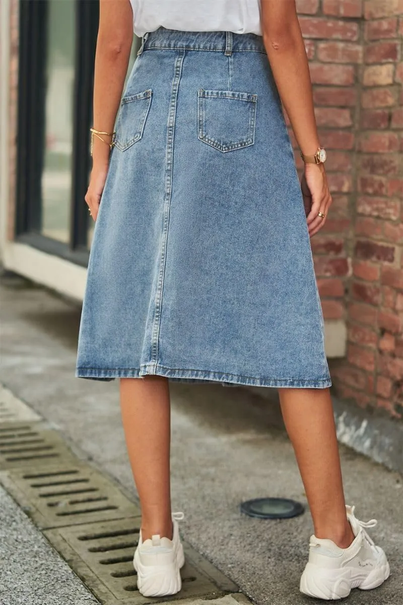 Women's Button Up Denim Midi Skirt High Waisted A Line Knee Length Jean Skirt with Pockets