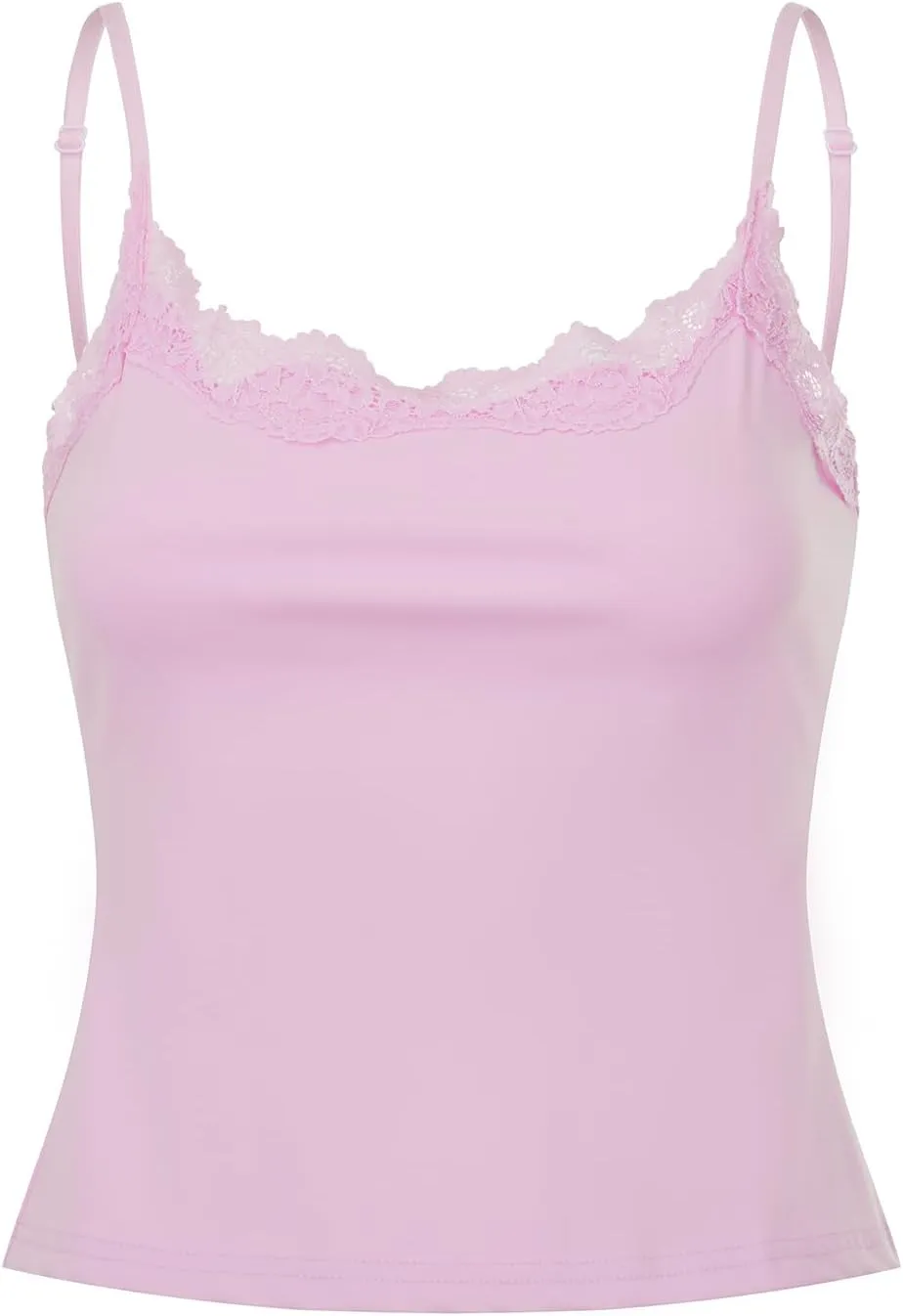 Women's Cami Tops Spaghetti Strap Sleeveless Lace Trim Solid Color Slim Fit Camisole Summer Tops