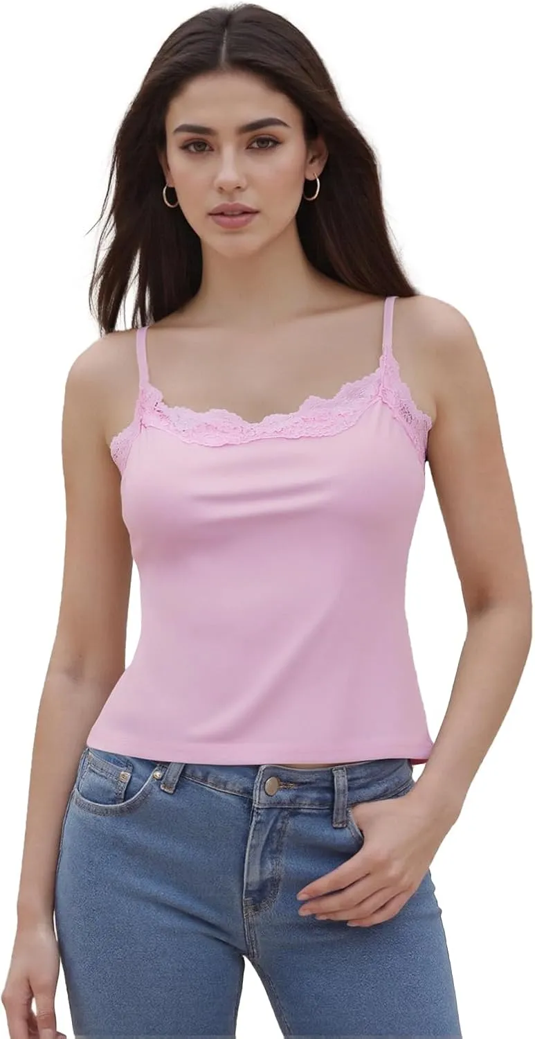 Women's Cami Tops Spaghetti Strap Sleeveless Lace Trim Solid Color Slim Fit Camisole Summer Tops