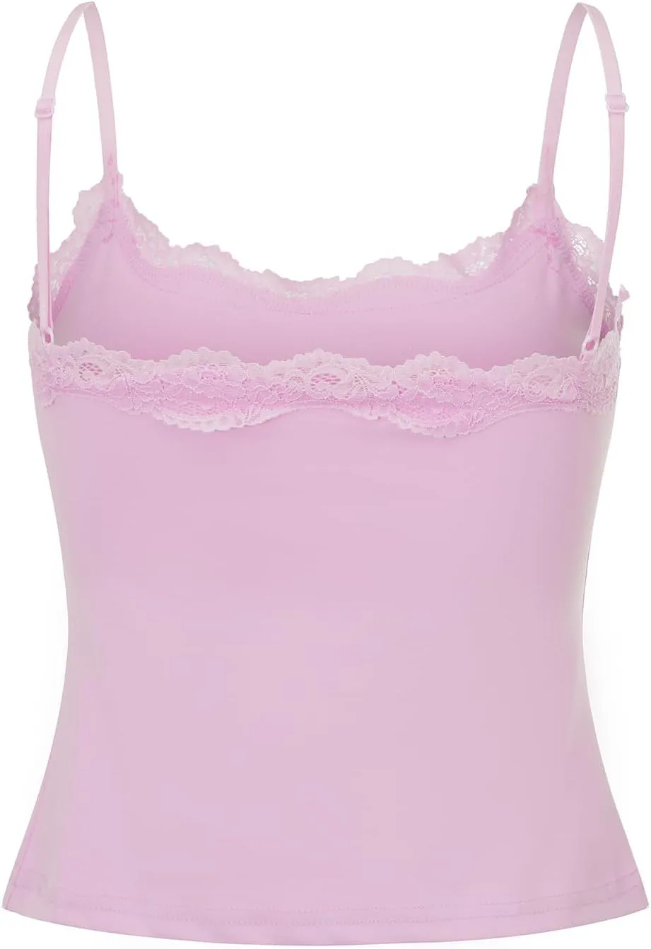 Women's Cami Tops Spaghetti Strap Sleeveless Lace Trim Solid Color Slim Fit Camisole Summer Tops