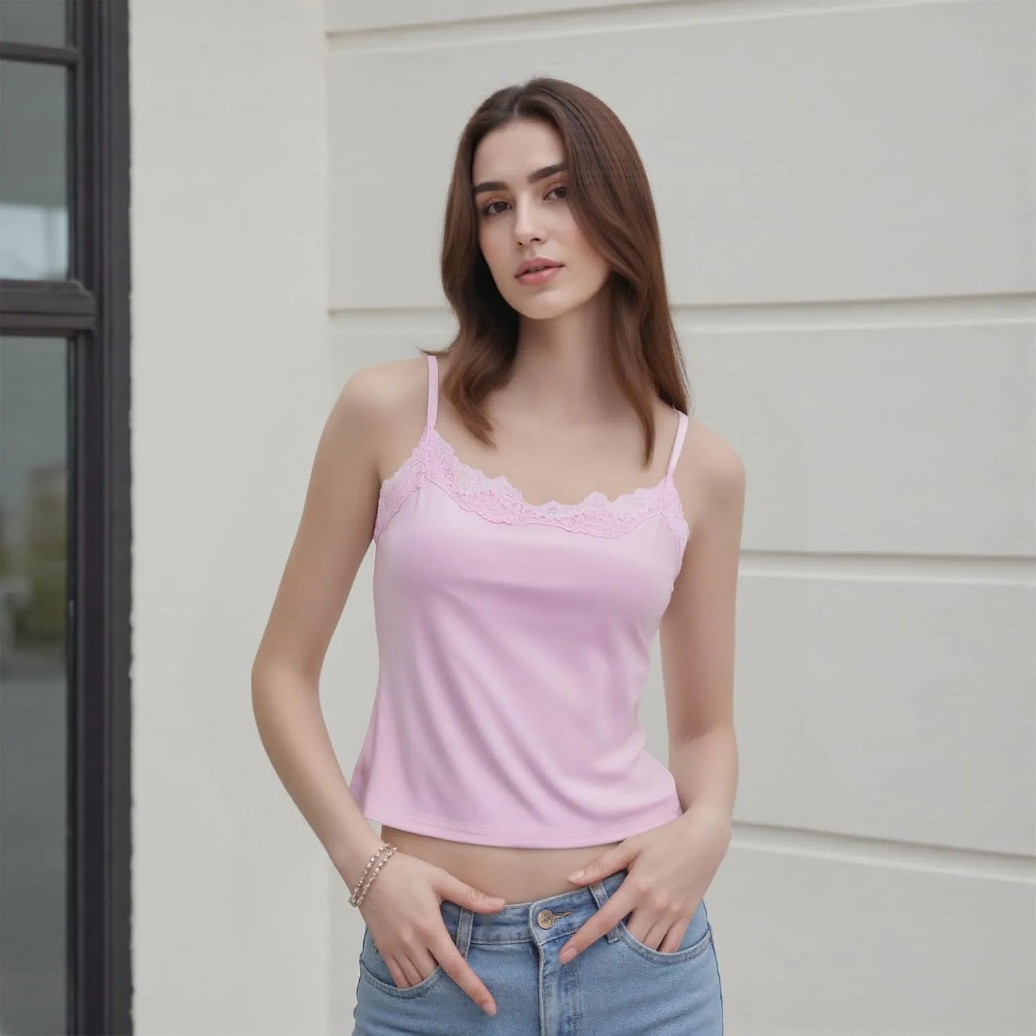 Women's Cami Tops Spaghetti Strap Sleeveless Lace Trim Solid Color Slim Fit Camisole Summer Tops