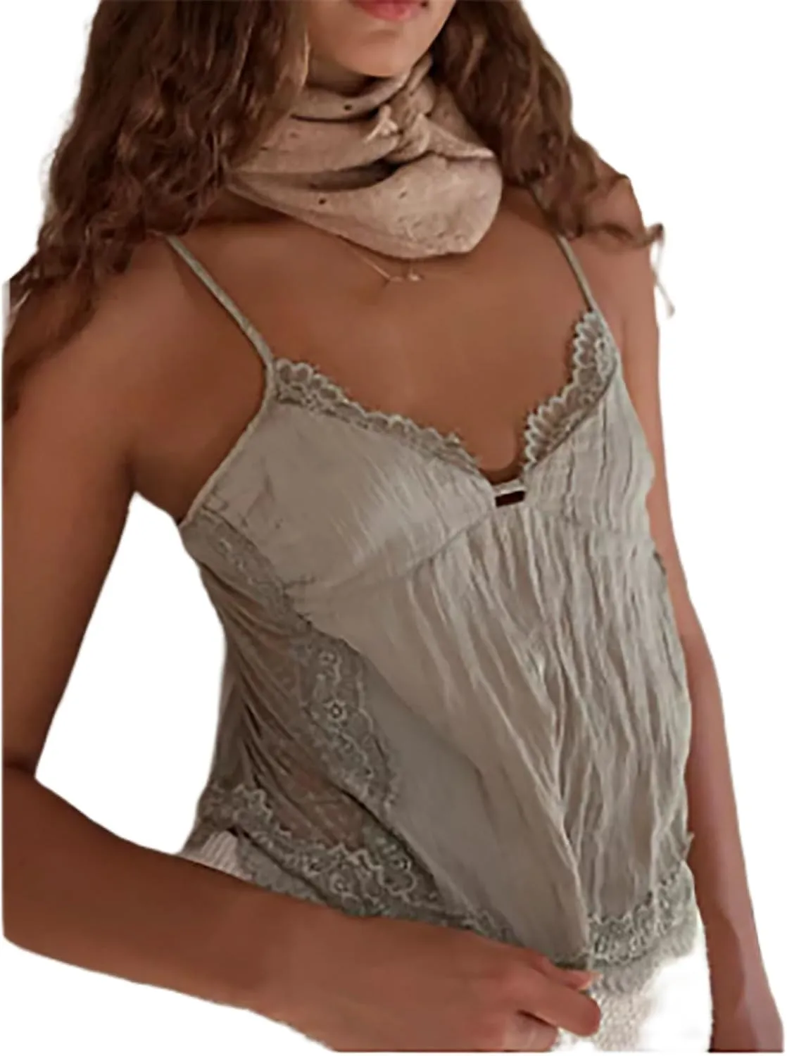 Women's Camisole Tank Tops Spaghetti Strap Deep V Neck Open Back Going Out Sleeveless Lace Crop Tops Streetwear
