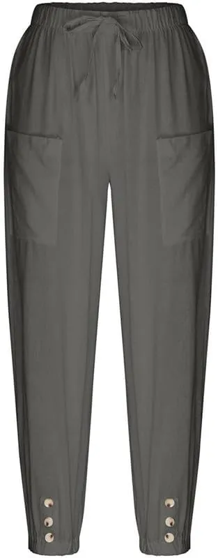 Womens Capri Pants Cotton Linen Cropped Trousers Summer Wide Leg Drawstring High Waist Palazzo Pants with Pockets