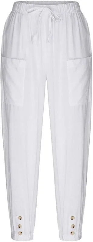 Womens Capri Pants Cotton Linen Cropped Trousers Summer Wide Leg Drawstring High Waist Palazzo Pants with Pockets