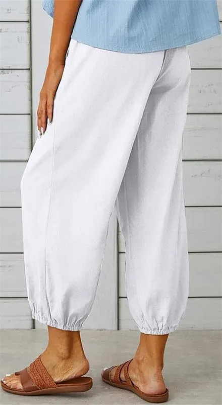 Womens Capri Pants Cotton Linen Cropped Trousers Summer Wide Leg Drawstring High Waist Palazzo Pants with Pockets