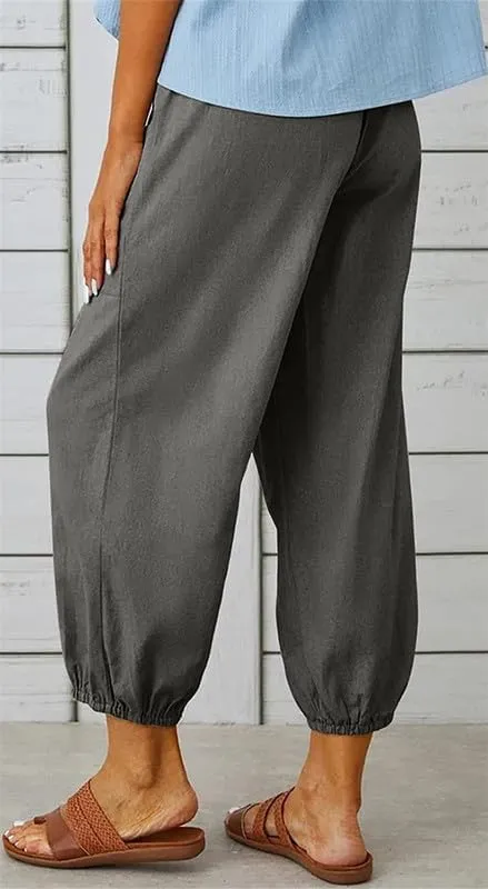 Womens Capri Pants Cotton Linen Cropped Trousers Summer Wide Leg Drawstring High Waist Palazzo Pants with Pockets