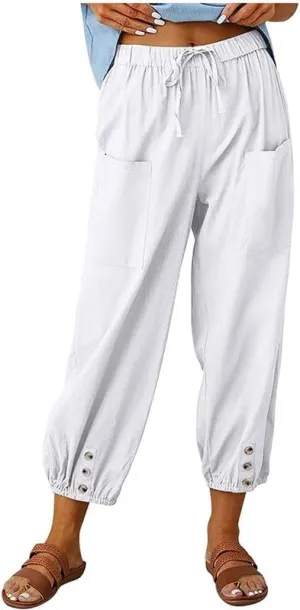 Womens Capri Pants Cotton Linen Cropped Trousers Summer Wide Leg Drawstring High Waist Palazzo Pants with Pockets