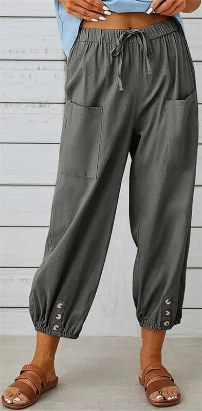 Womens Capri Pants Cotton Linen Cropped Trousers Summer Wide Leg Drawstring High Waist Palazzo Pants with Pockets