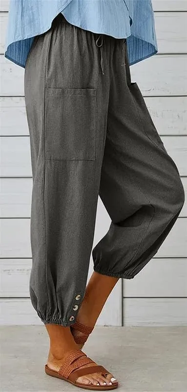 Womens Capri Pants Cotton Linen Cropped Trousers Summer Wide Leg Drawstring High Waist Palazzo Pants with Pockets
