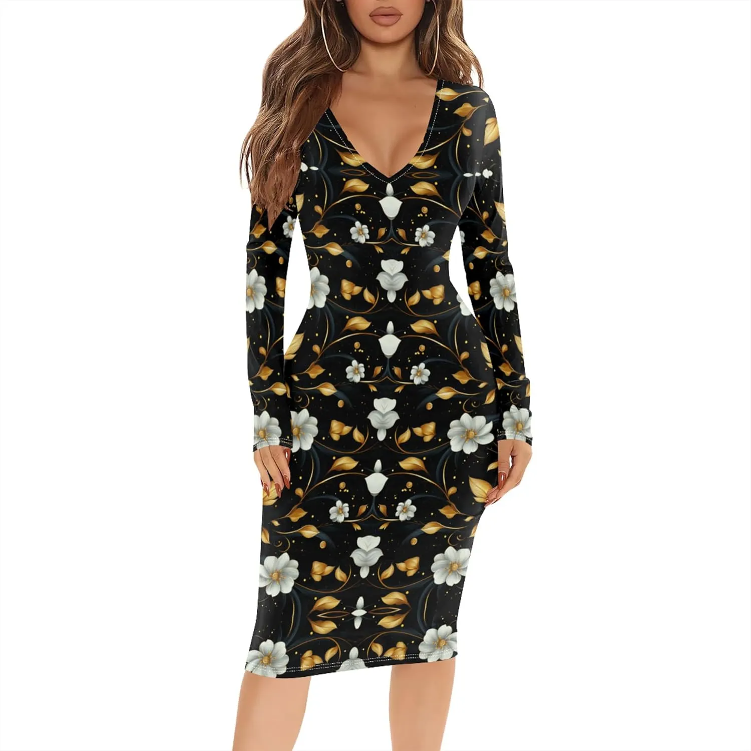 Women's Casual Dress Sexy Long Sleeve Deep V Neck Bodycon Midi Dress Cocktail Party Pencil Dresses