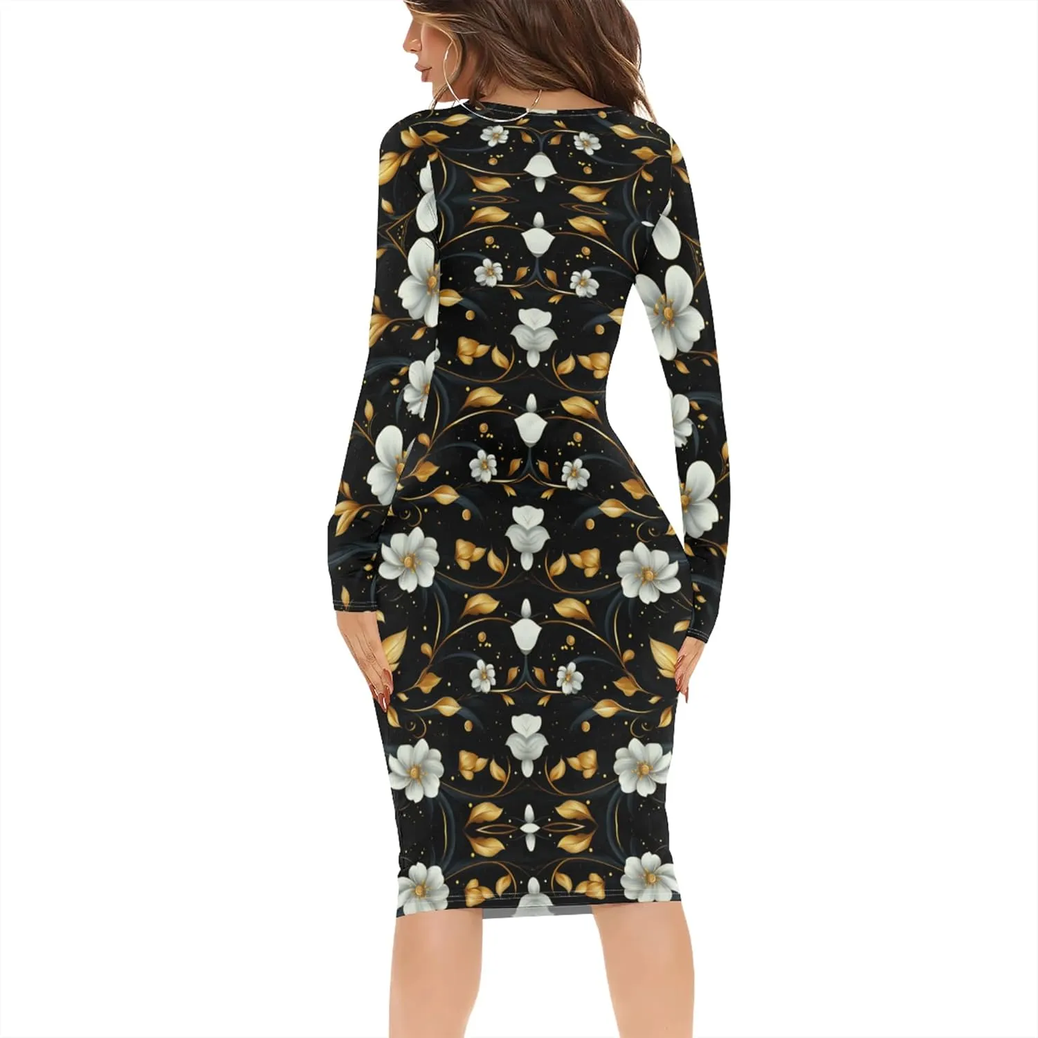 Women's Casual Dress Sexy Long Sleeve Deep V Neck Bodycon Midi Dress Cocktail Party Pencil Dresses