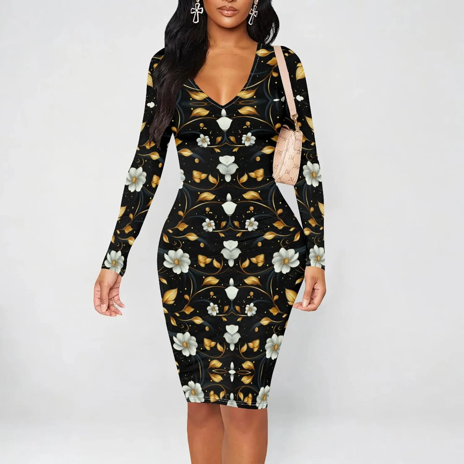 Women's Casual Dress Sexy Long Sleeve Deep V Neck Bodycon Midi Dress Cocktail Party Pencil Dresses