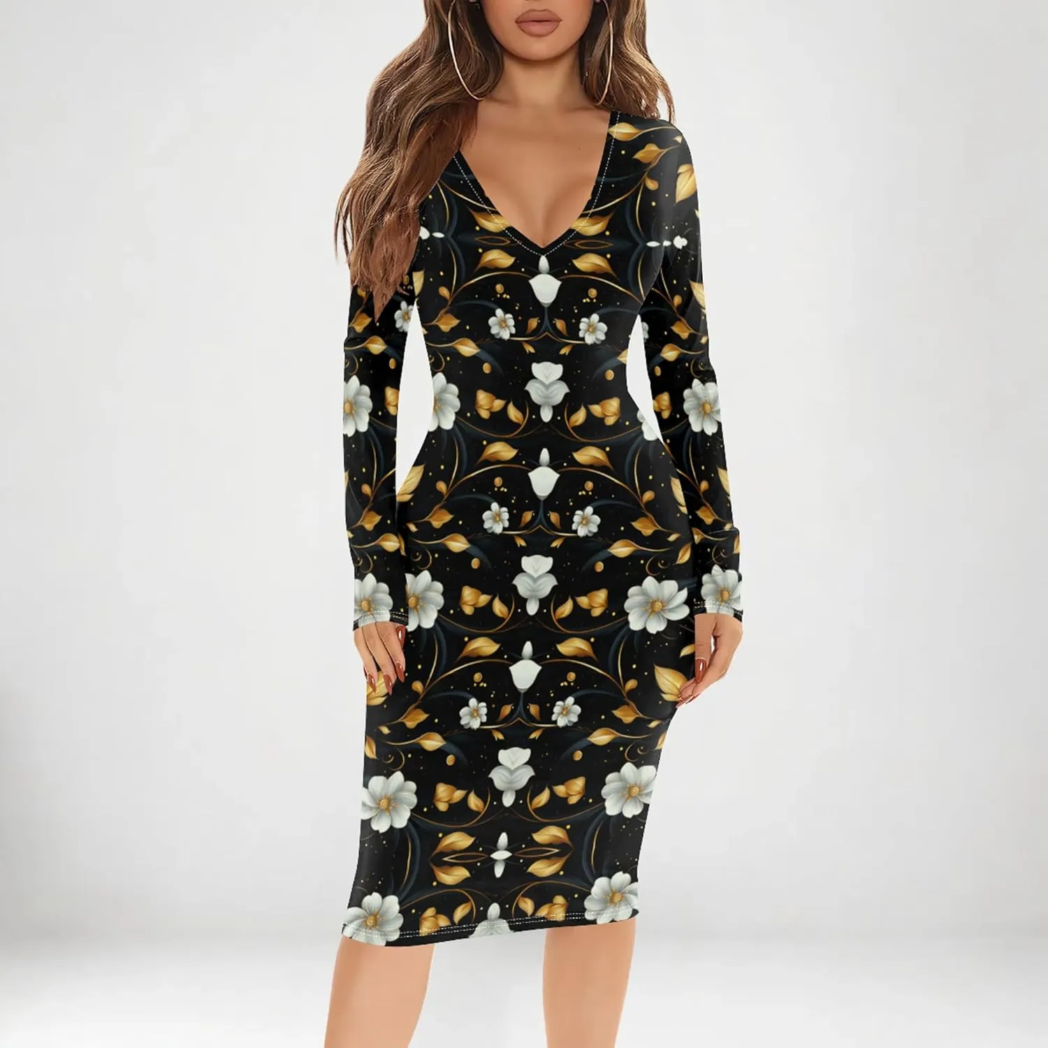 Women's Casual Dress Sexy Long Sleeve Deep V Neck Bodycon Midi Dress Cocktail Party Pencil Dresses