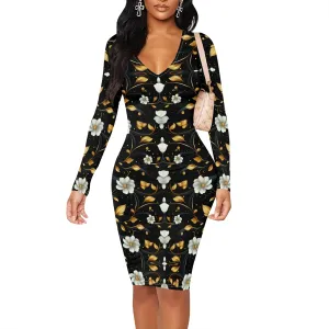 Women's Casual Dress Sexy Long Sleeve Deep V Neck Bodycon Midi Dress Cocktail Party Pencil Dresses