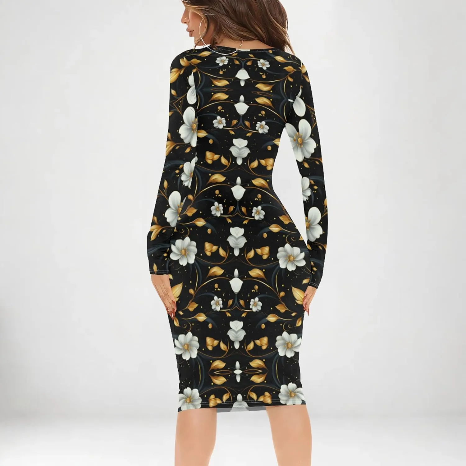 Women's Casual Dress Sexy Long Sleeve Deep V Neck Bodycon Midi Dress Cocktail Party Pencil Dresses