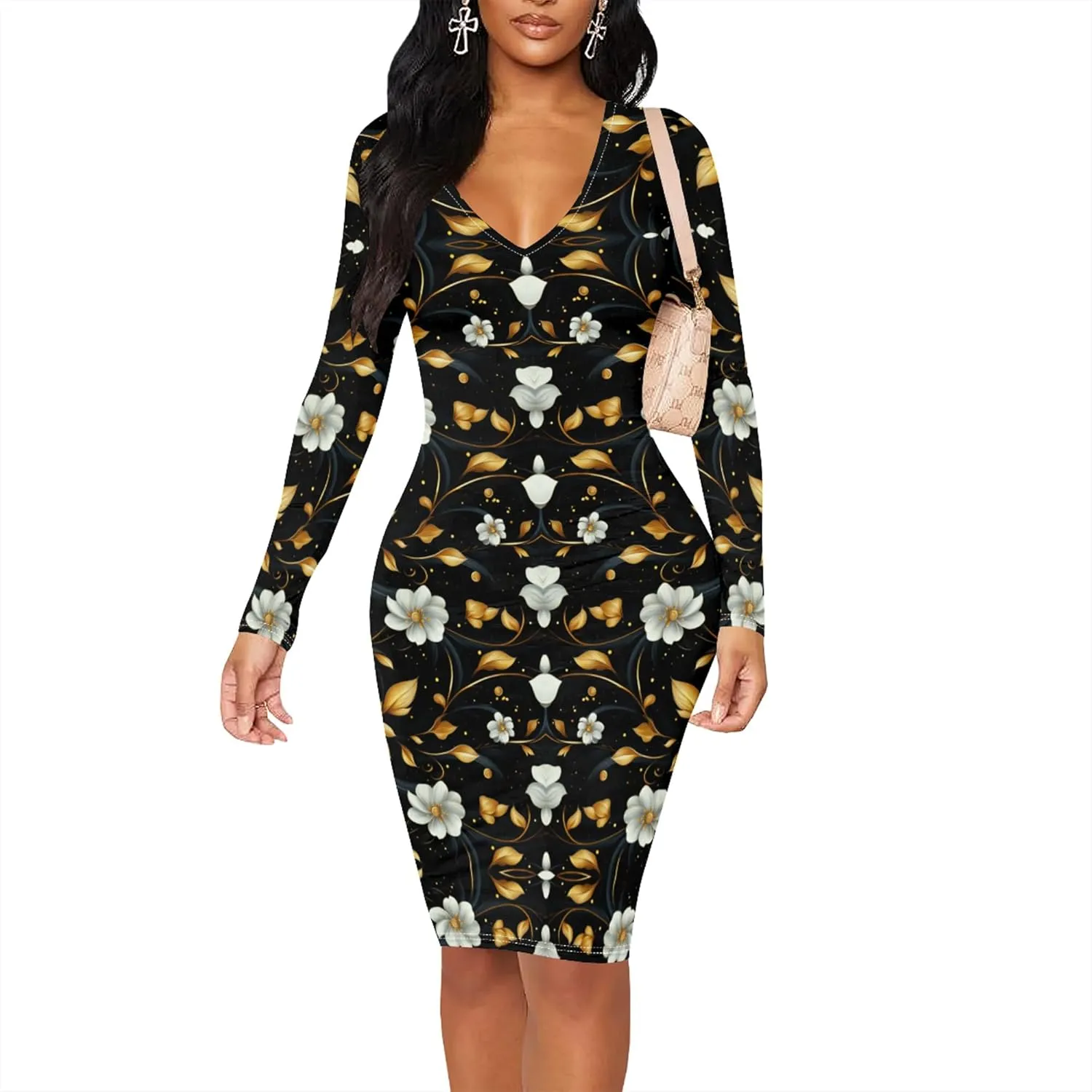 Women's Casual Dress Sexy Long Sleeve Deep V Neck Bodycon Midi Dress Cocktail Party Pencil Dresses