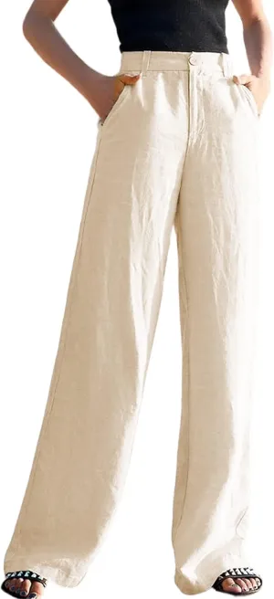 Womens Casual High Waist Pants Cotton Linen Wide Leg Pants Botton Up Palazzo Trousers