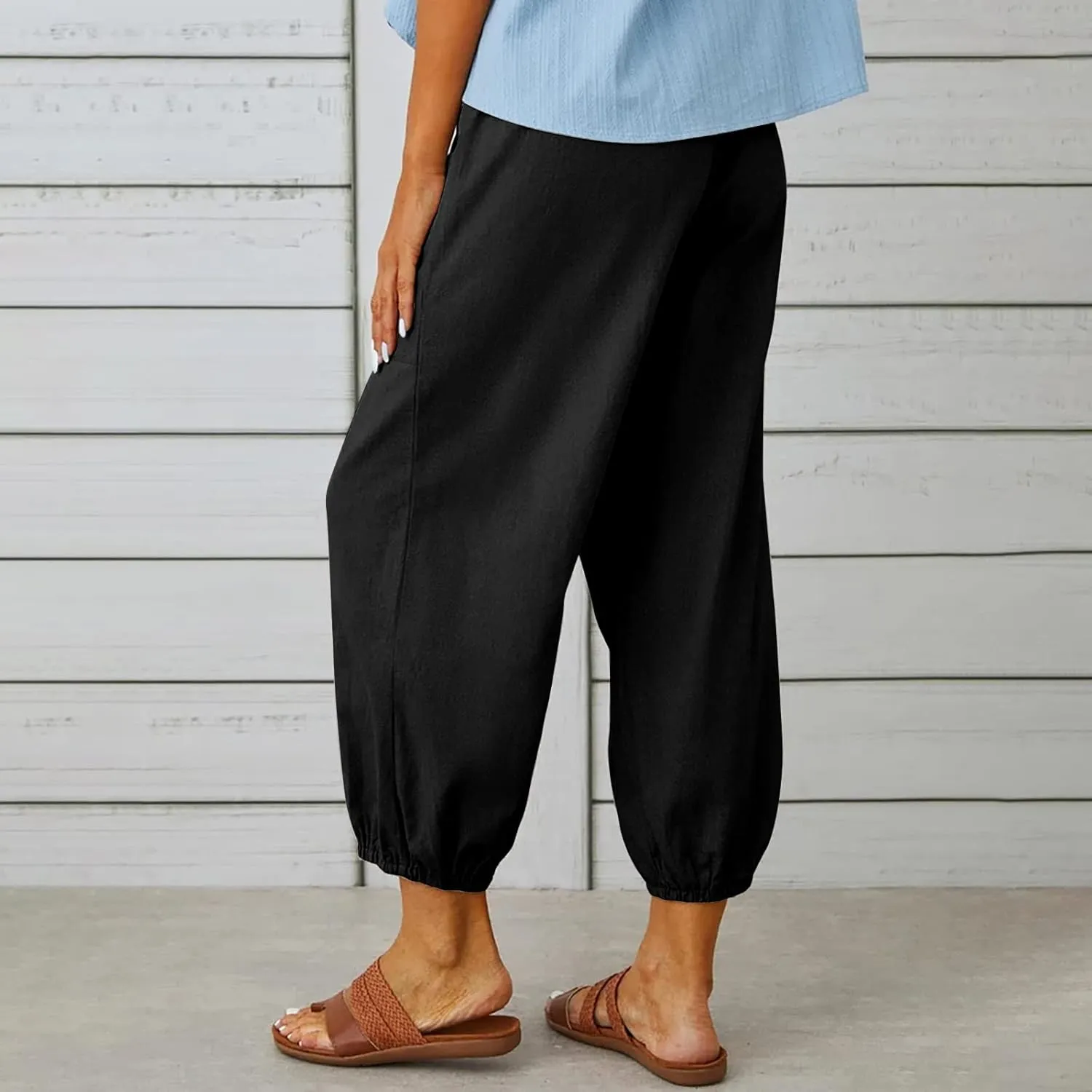 Women's Casual Lantern Tapered Harem Pants Loose Fit Style Flax Ankle Trousers Summer Baggy Slacks with Pocket
