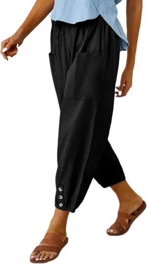 Women's Casual Lantern Tapered Harem Pants Loose Fit Style Flax Ankle Trousers Summer Baggy Slacks with Pocket