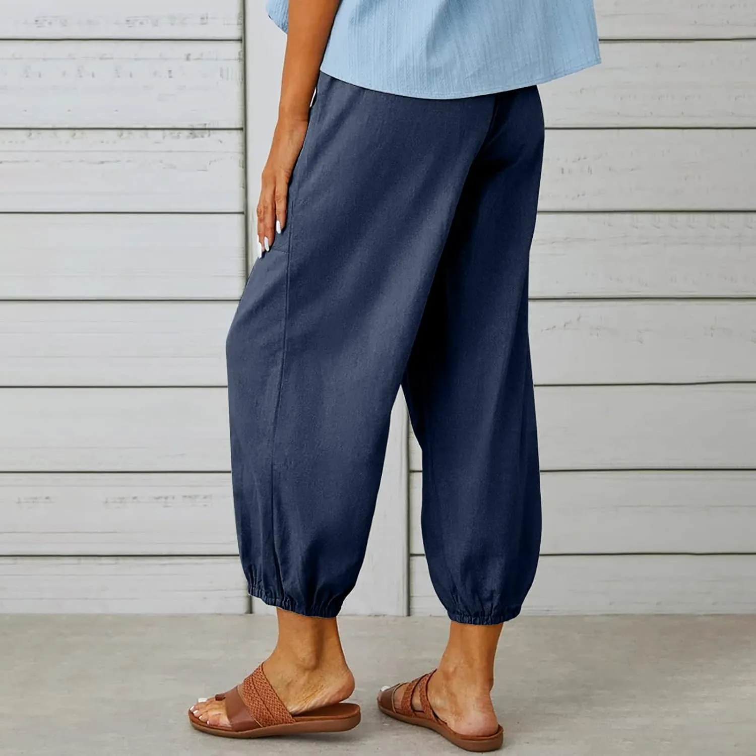 Women's Casual Lantern Tapered Harem Pants Loose Fit Style Flax Ankle Trousers Summer Baggy Slacks with Pocket