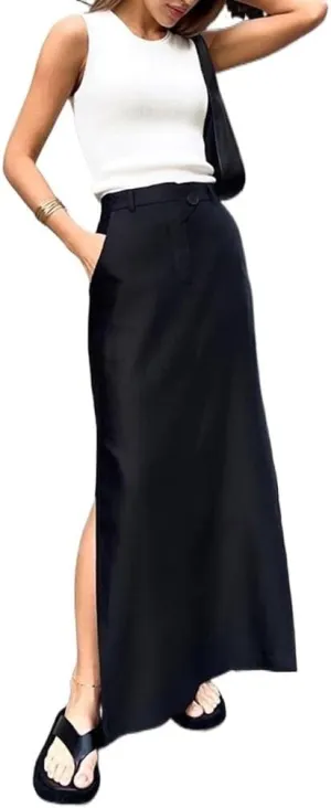 Women's Casual Split Long Maxi Skirts with Pockets Solid Colour a Line Bodycon Office Working Skirts