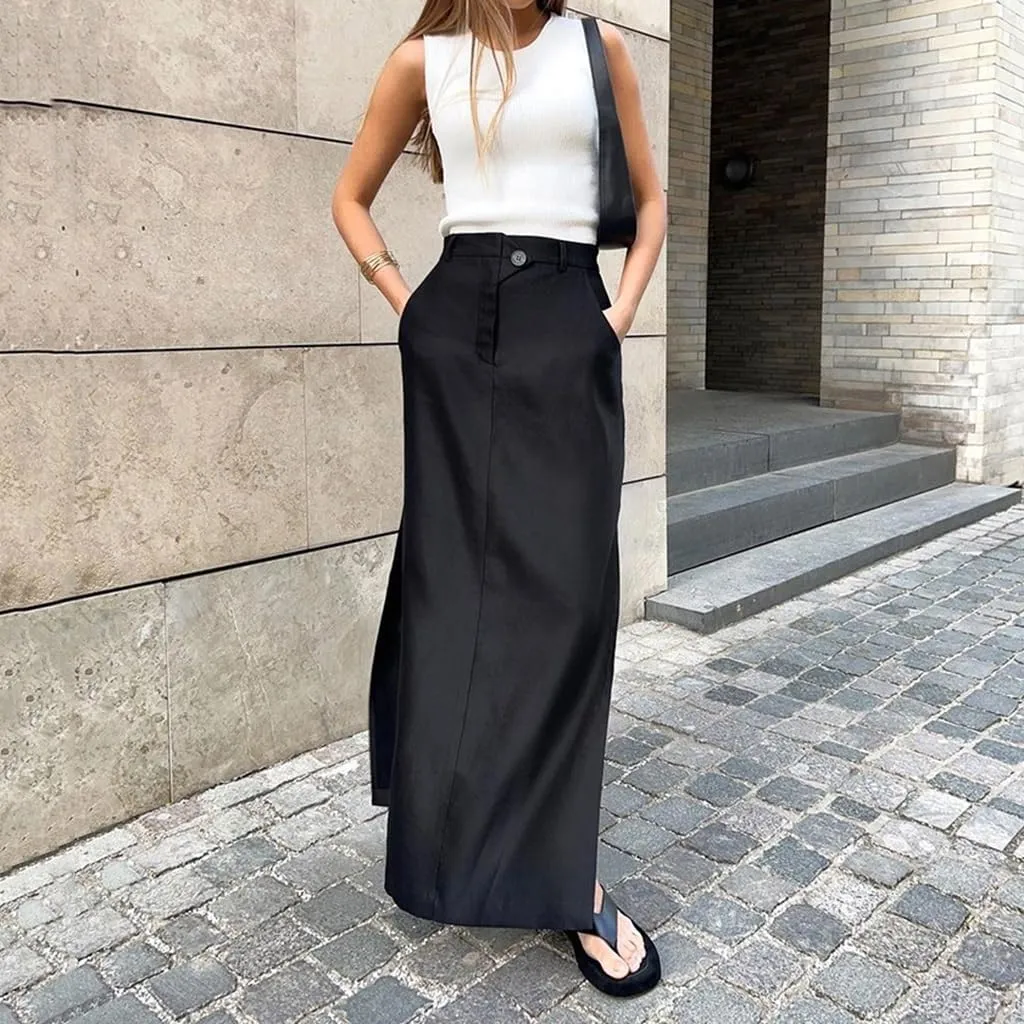Women's Casual Split Long Maxi Skirts with Pockets Solid Colour a Line Bodycon Office Working Skirts
