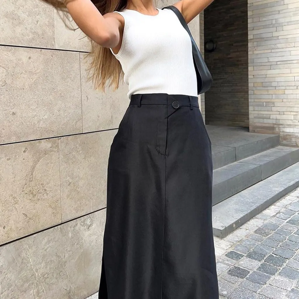 Women's Casual Split Long Maxi Skirts with Pockets Solid Colour a Line Bodycon Office Working Skirts