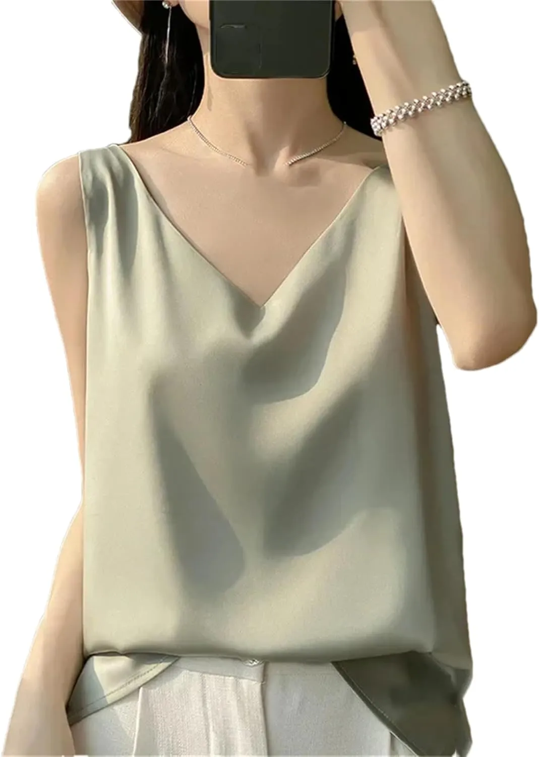Women's Casual V-Neck Ice Silk Satin Camisole Tops Summer Sleeveless Solid Blouse Vest