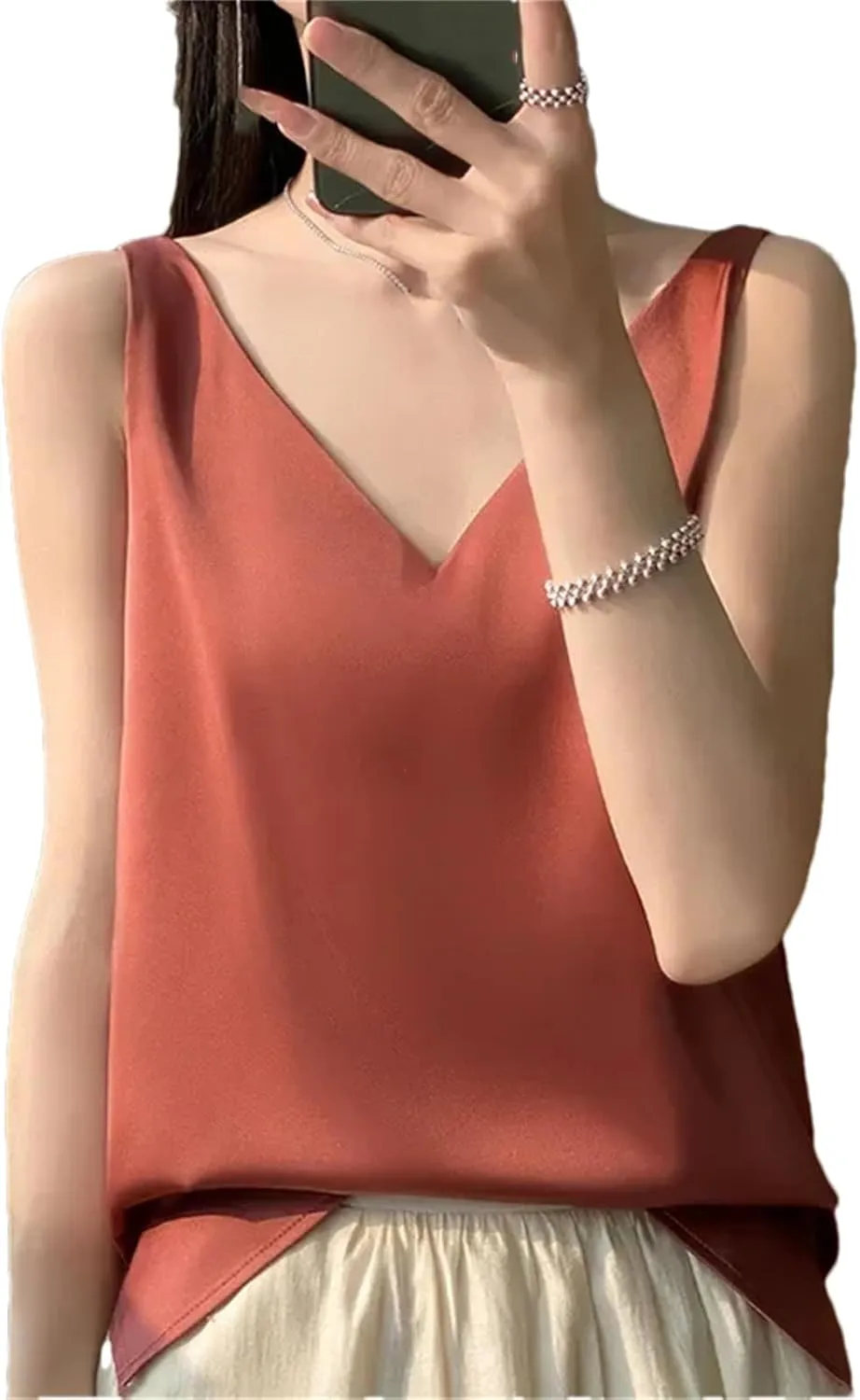 Women's Casual V-Neck Ice Silk Satin Camisole Tops Summer Sleeveless Solid Blouse Vest