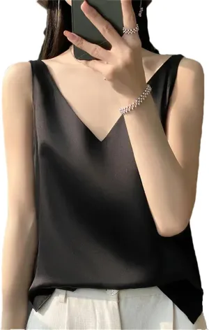 Women's Casual V-Neck Ice Silk Satin Camisole Tops Summer Sleeveless Solid Blouse Vest