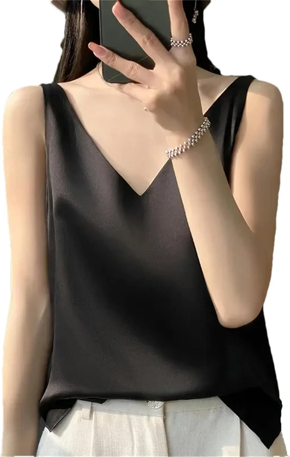 Women's Casual V-Neck Ice Silk Satin Camisole Tops Summer Sleeveless Solid Blouse Vest