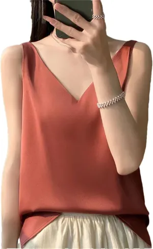 Women's Casual V-Neck Ice Silk Satin Camisole Tops Summer Sleeveless Solid Blouse Vest