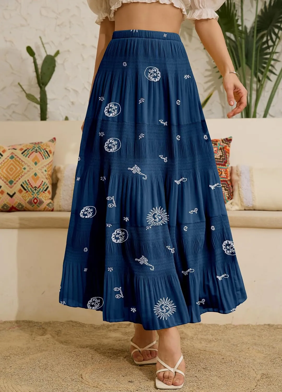 Women's Chiffon White Flowy Maxi Skirts Boho Summer Elastic Waisted Pleated A Line Long Skirt for Women 2025