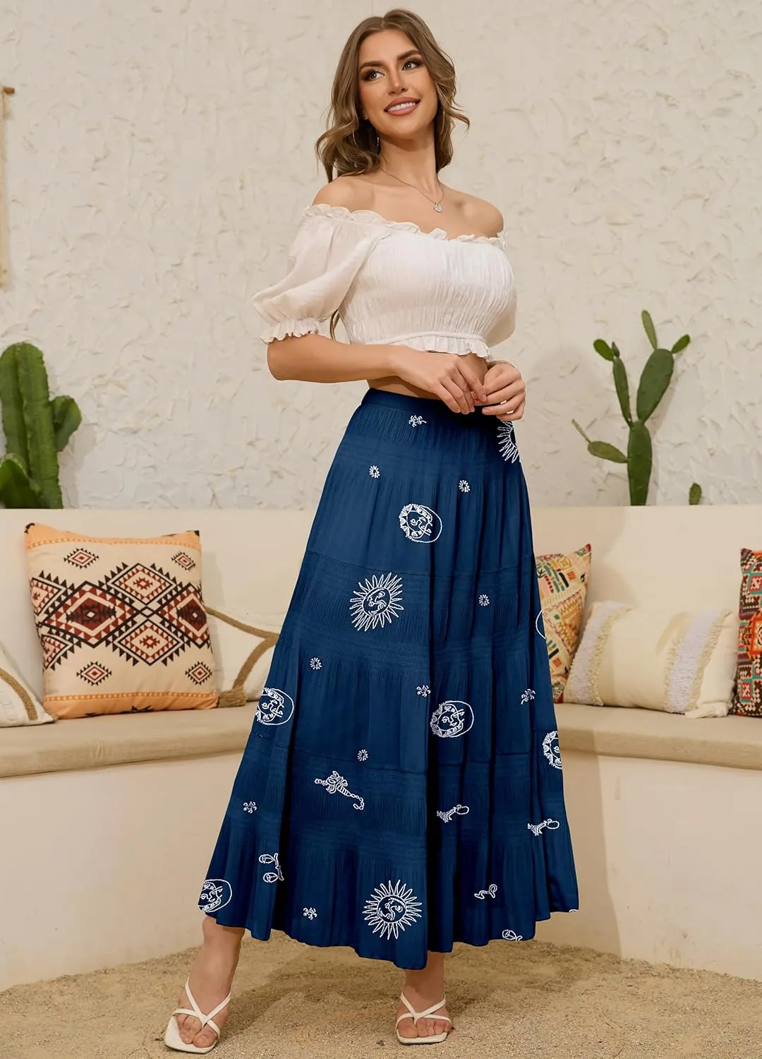 Women's Chiffon White Flowy Maxi Skirts Boho Summer Elastic Waisted Pleated A Line Long Skirt for Women 2025