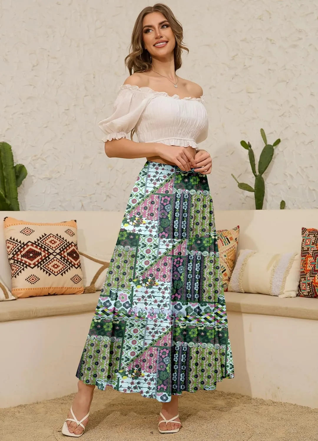 Women's Chiffon White Flowy Maxi Skirts Boho Summer Elastic Waisted Pleated A Line Long Skirt for Women 2025