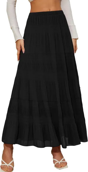 Women's Chiffon White Flowy Maxi Skirts Boho Summer Elastic Waisted Pleated A Line Long Skirt for Women 2025