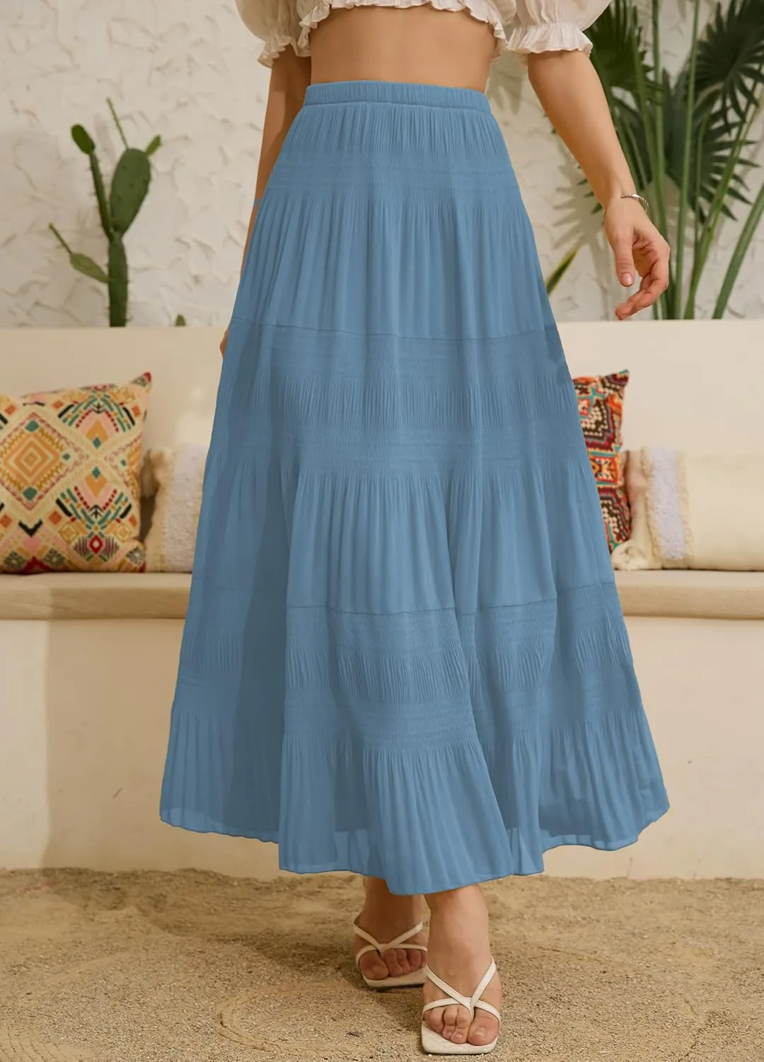 Women's Chiffon White Flowy Maxi Skirts Boho Summer Elastic Waisted Pleated A Line Long Skirt for Women 2025